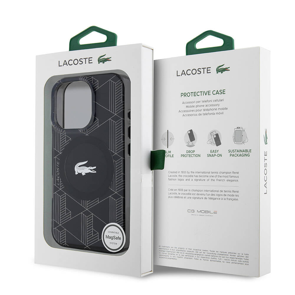 Apple iPhone 16 Pro Max Kılıf Lacoste Orjinal Lisanslı M-safe Şarj Özellikli IML Baskılı Gümüş Timsah Logolu Monogram Kapak Lacivert