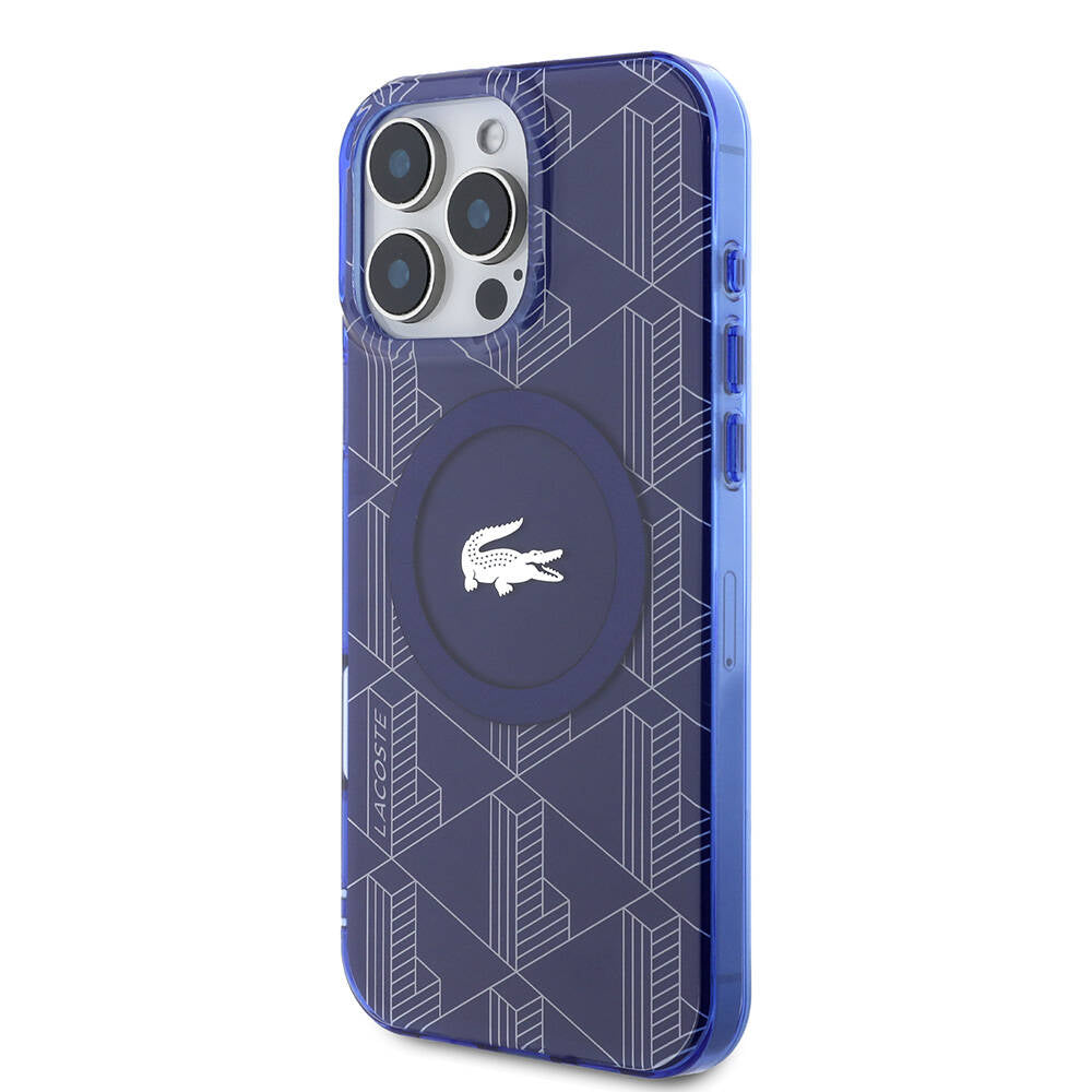 Apple iPhone 16 Pro Max Kılıf Lacoste Orjinal Lisanslı M-safe Şarj Özellikli IML Baskılı Gümüş Timsah Logolu Monogram Kapak Lacivert
