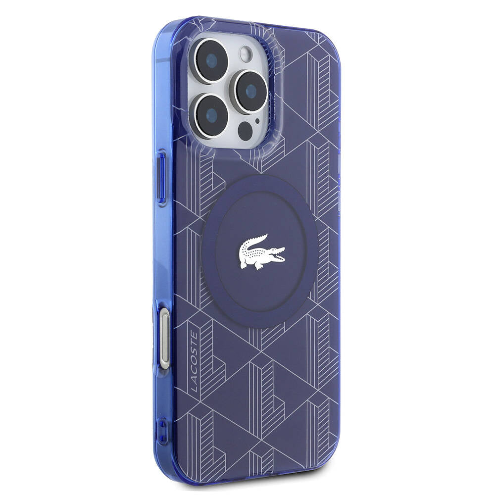Apple iPhone 16 Pro Max Kılıf Lacoste Orjinal Lisanslı M-safe Şarj Özellikli IML Baskılı Gümüş Timsah Logolu Monogram Kapak Lacivert