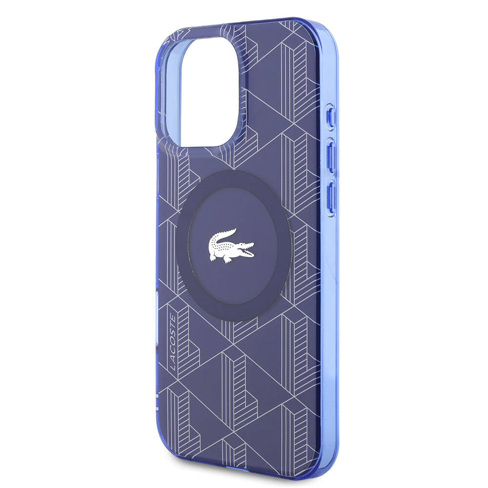 Apple iPhone 16 Pro Max Kılıf Lacoste Orjinal Lisanslı M-safe Şarj Özellikli IML Baskılı Gümüş Timsah Logolu Monogram Kapak Lacivert