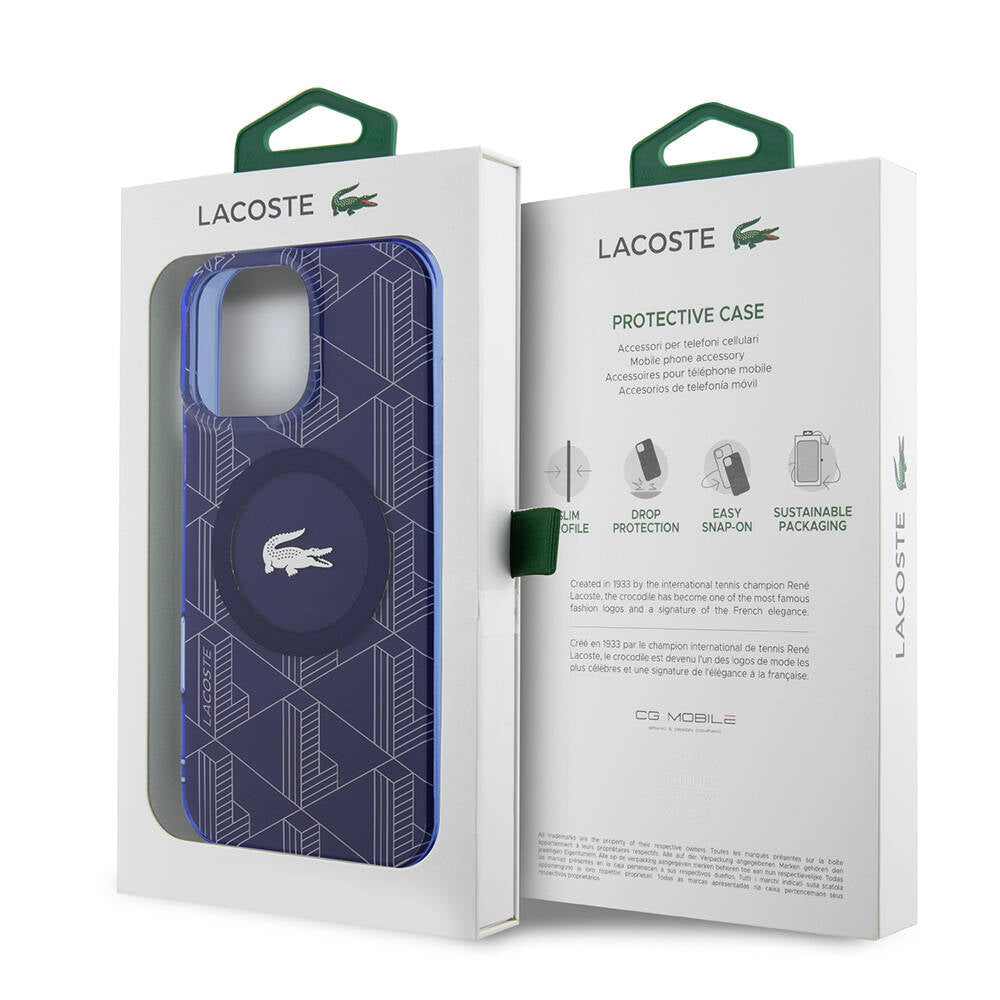 Apple iPhone 16 Pro Max Kılıf Lacoste Orjinal Lisanslı M-safe Şarj Özellikli IML Baskılı Gümüş Timsah Logolu Monogram Kapak Lacivert