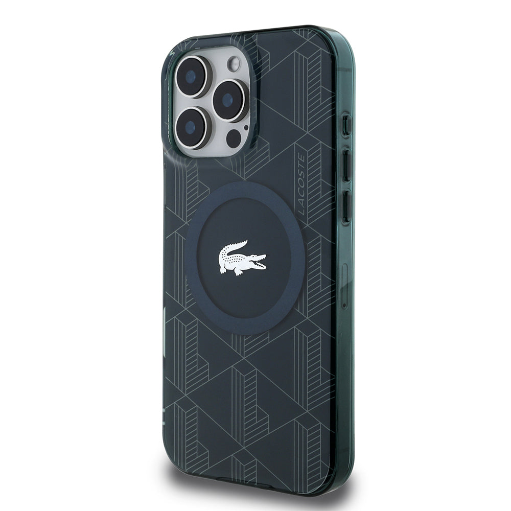 Apple iPhone 16 Pro Max Kılıf Lacoste Orjinal Lisanslı M-safe Şarj Özellikli IML Baskılı Gümüş Timsah Logolu Monogram Kapak Lacivert