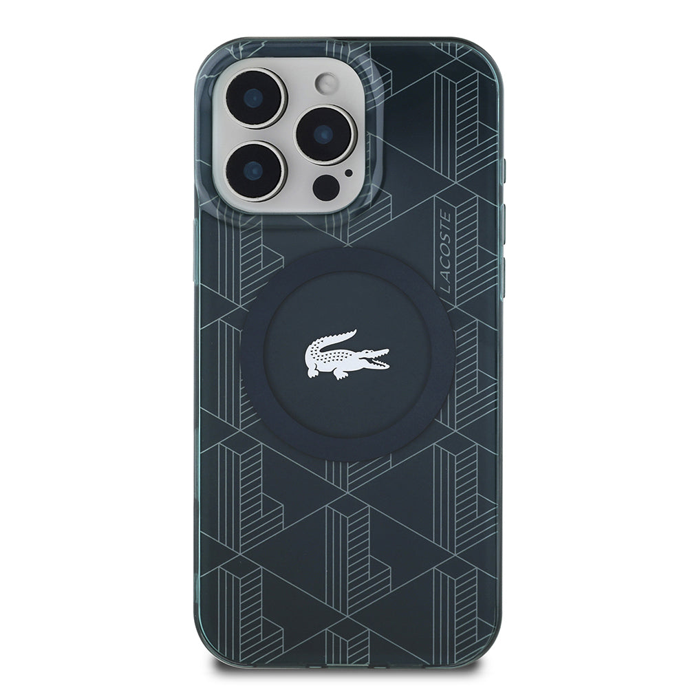 Apple iPhone 16 Pro Max Kılıf Lacoste Orjinal Lisanslı M-safe Şarj Özellikli IML Baskılı Gümüş Timsah Logolu Monogram Kapak Lacivert