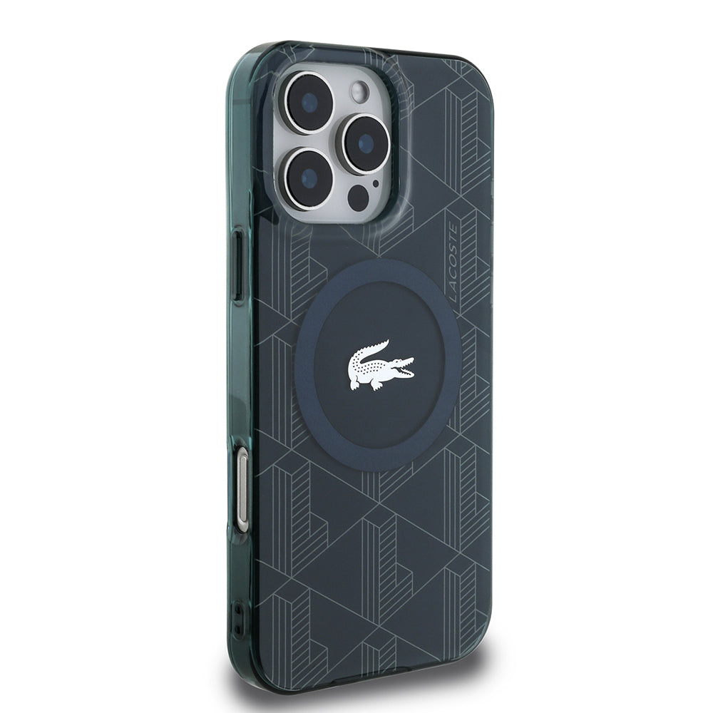 Apple iPhone 16 Pro Max Kılıf Lacoste Orjinal Lisanslı M-safe Şarj Özellikli IML Baskılı Gümüş Timsah Logolu Monogram Kapak Lacivert