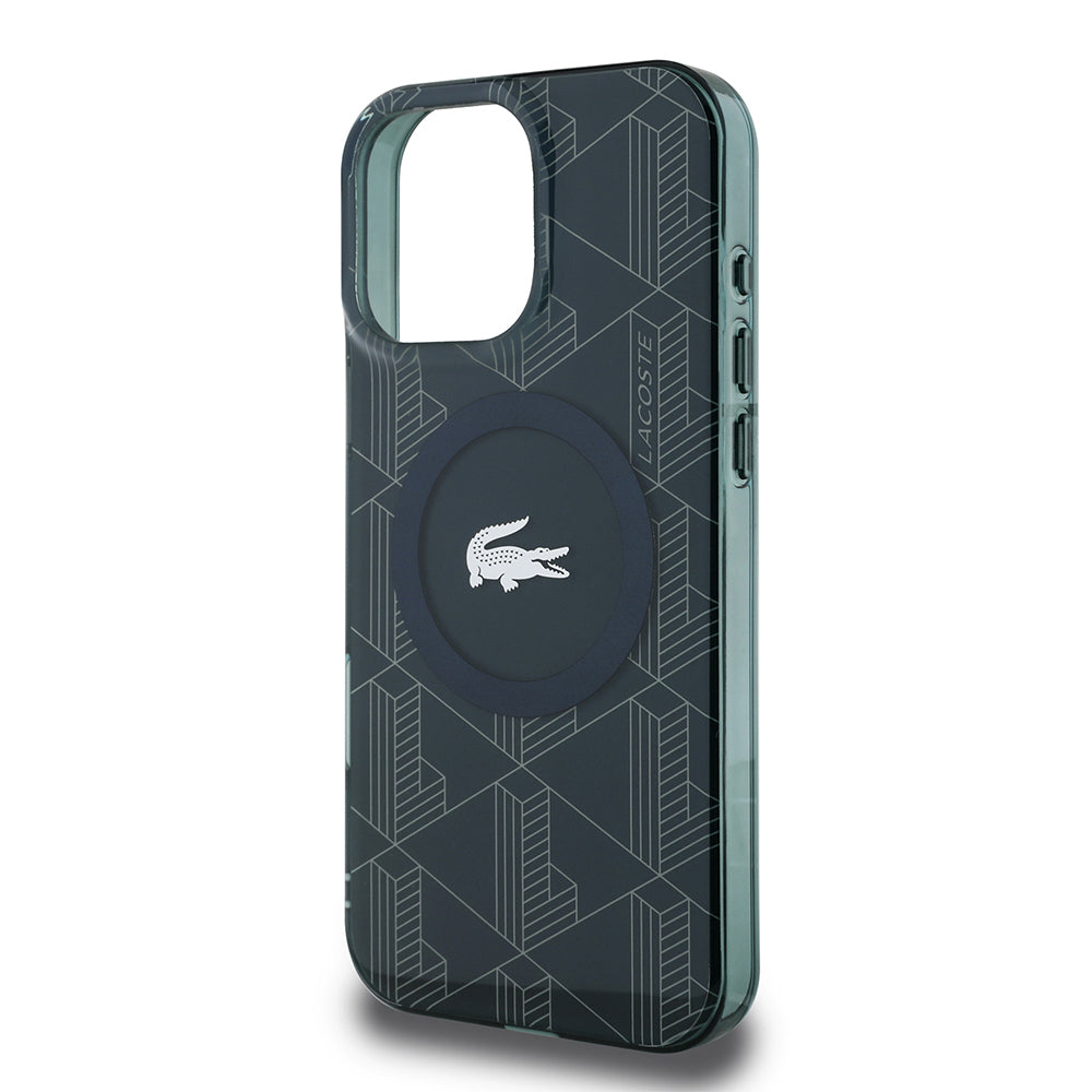 Apple iPhone 16 Pro Max Kılıf Lacoste Orjinal Lisanslı M-safe Şarj Özellikli IML Baskılı Gümüş Timsah Logolu Monogram Kapak Lacivert