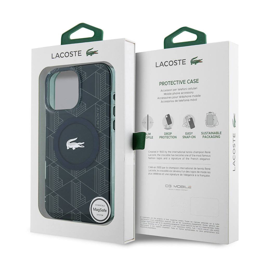 Apple iPhone 16 Pro Max Kılıf Lacoste Orjinal Lisanslı M-safe Şarj Özellikli IML Baskılı Gümüş Timsah Logolu Monogram Kapak Lacivert