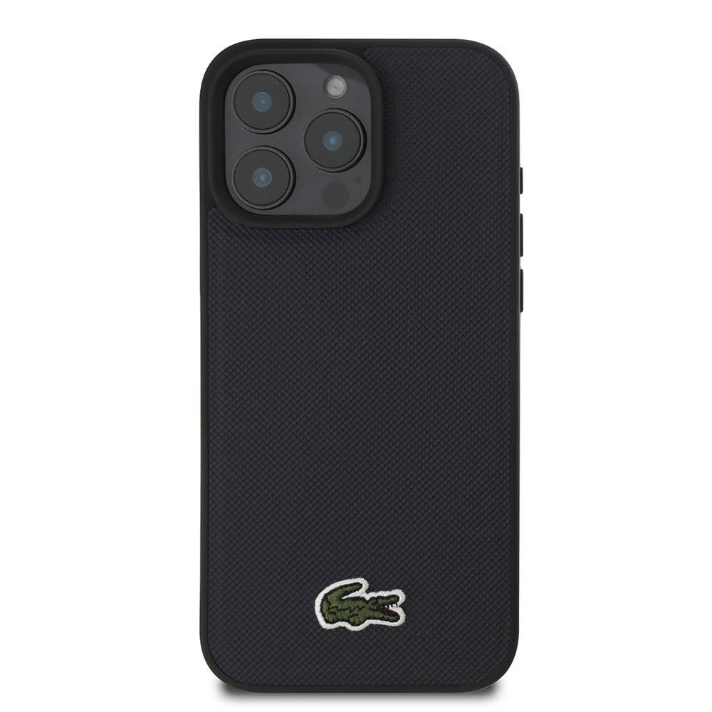 Apple iPhone 16 Pro Max Kılıf Lacoste Orjinal Lisanslı PU Pike Desenli Arka Yüzey İkonik Timsah Dokuma Logolu Kapak Siyah