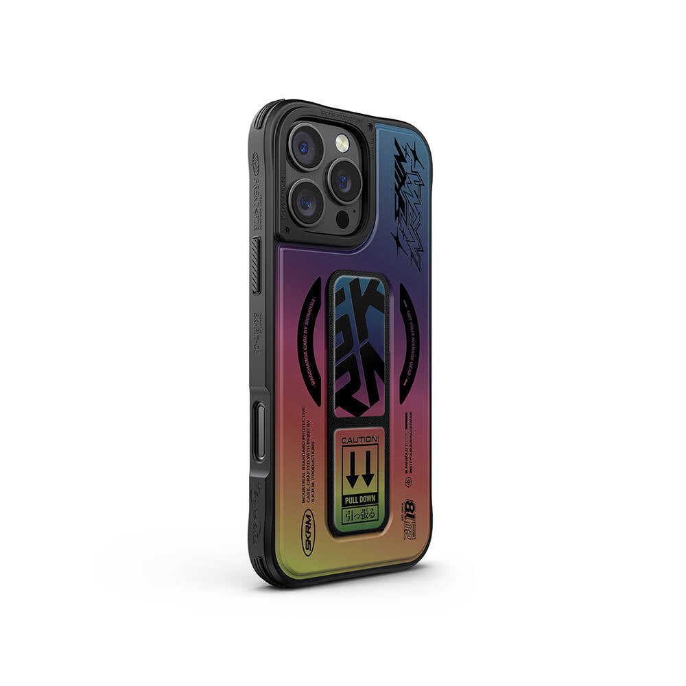 Apple iPhone 16 Pro Max Kılıf M-safe Şarj Özellikli Holografik Tasarımlı Standlı Deri Görünümlü Skinarma Kira Kobai Kapak Gümüş