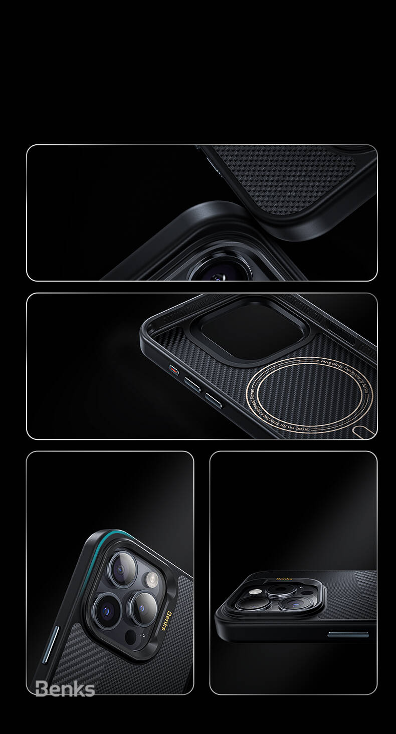 Apple iPhone 16 Pro Max Kılıf M-safe Şarj Özellikli Karbon Fiber Benks Montage Hybrid ArmorPro Kevlar Kapak Siyah