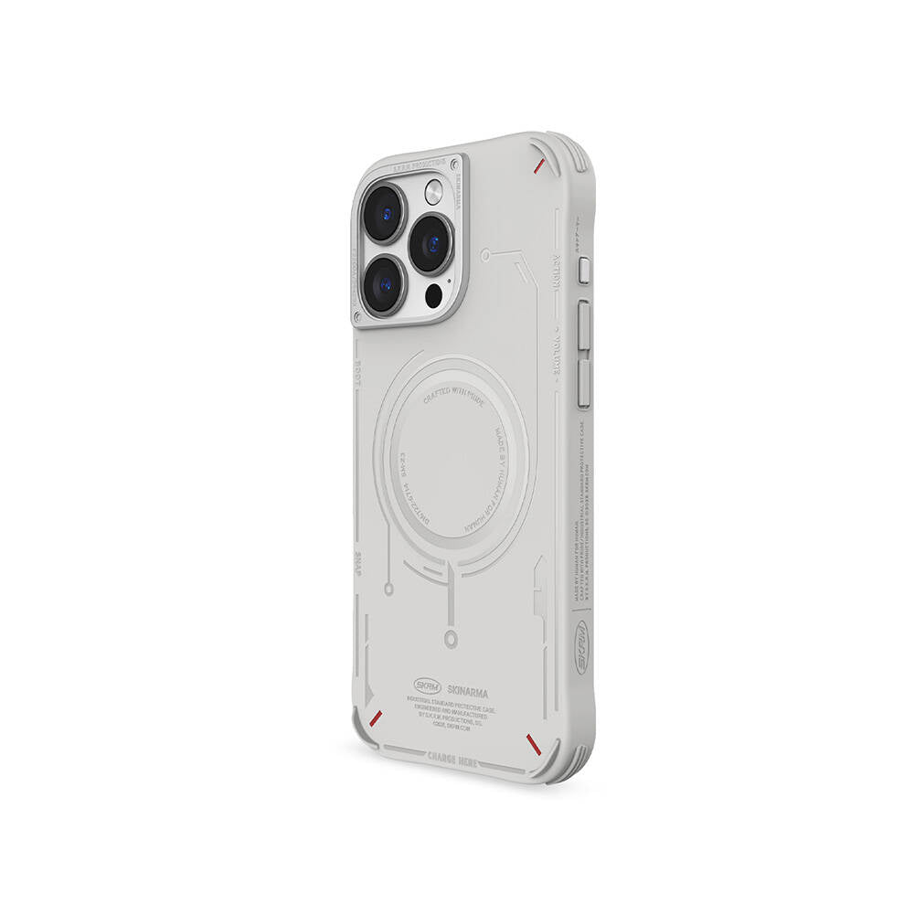 Apple iPhone 16 Pro Max Kılıf M-safe Şarj Özellikli Metal Kamera Çerçeveli Skinarma Mecha Serisi Kapak Açık Gri