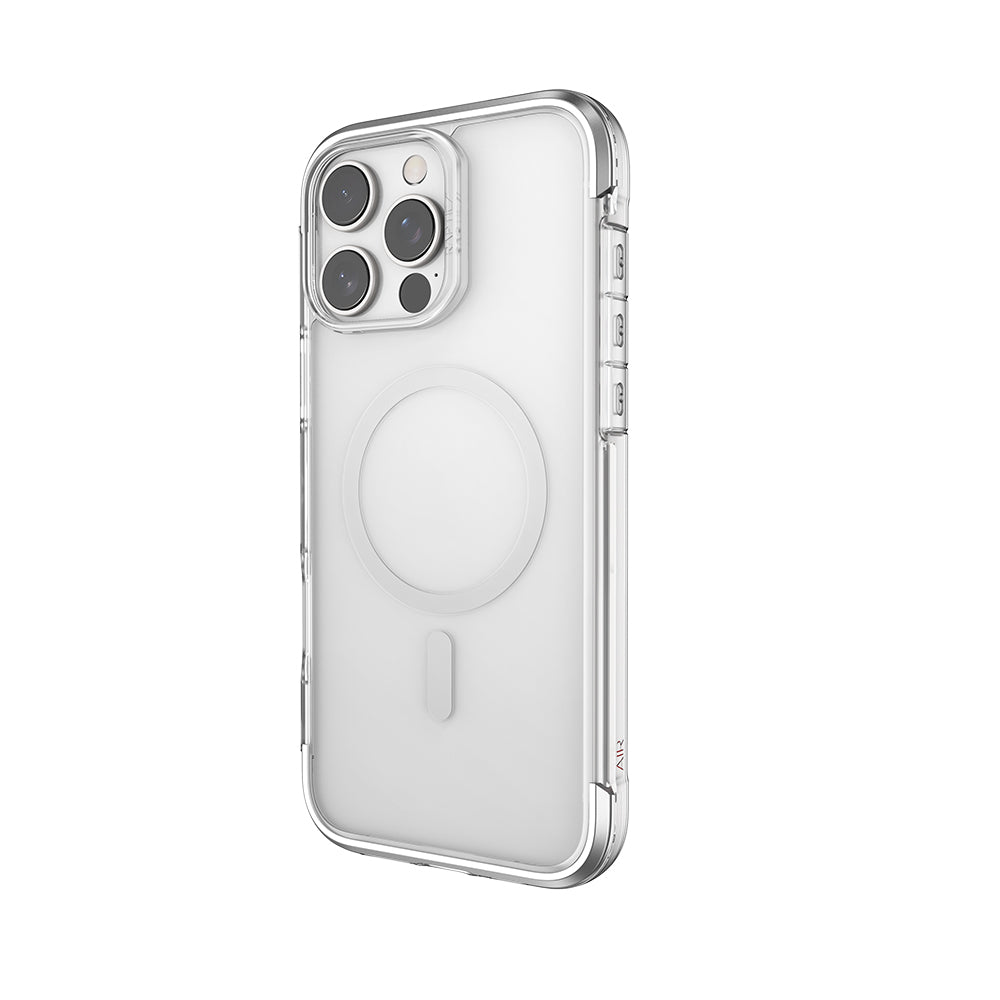 Apple iPhone 16 Pro Max Kılıf M-safe Şarj Özellikli Raptic Air Serisi Airbag Tasarımlı Metal Köşelikli Şeffaf Kapak Gümüş