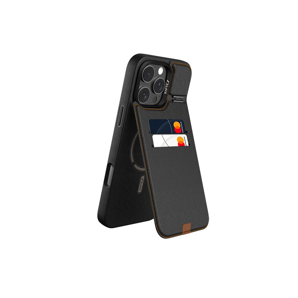 Apple iPhone 16 Pro Max Kılıf M-safe Şarj Özellikli Raptic Slim Wallet Serisi Deri Görünümlü Kartlıklı Standlı Kapak Siyah