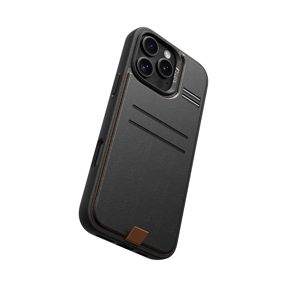 Apple iPhone 16 Pro Max Kılıf M-safe Şarj Özellikli Raptic Slim Wallet Serisi Deri Görünümlü Kartlıklı Standlı Kapak Siyah