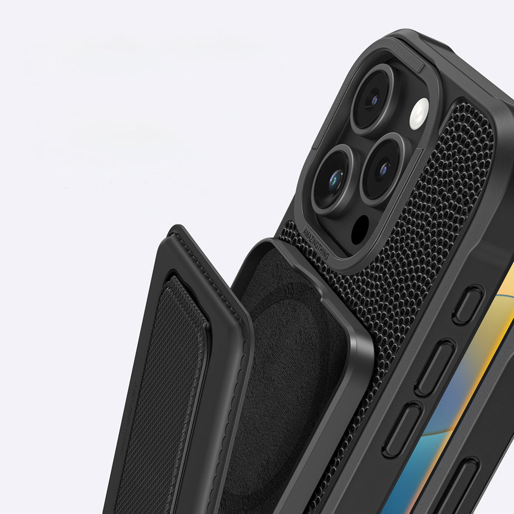 Apple iPhone 16 Pro Max Kılıf M-safe Şarj Özellikli Standlı Kartlıklı Set Amazingthing Glamour Luxe Serisi Kapak Siyah