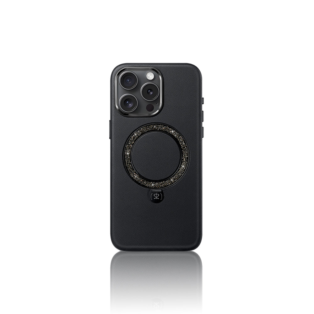 Apple iPhone 16 Pro Max Kılıf M-safe Şarj Özellikli Standlı Suni Deri Tasarımlı Pynana Dancing Circle Serisi Kapak Kahverengi