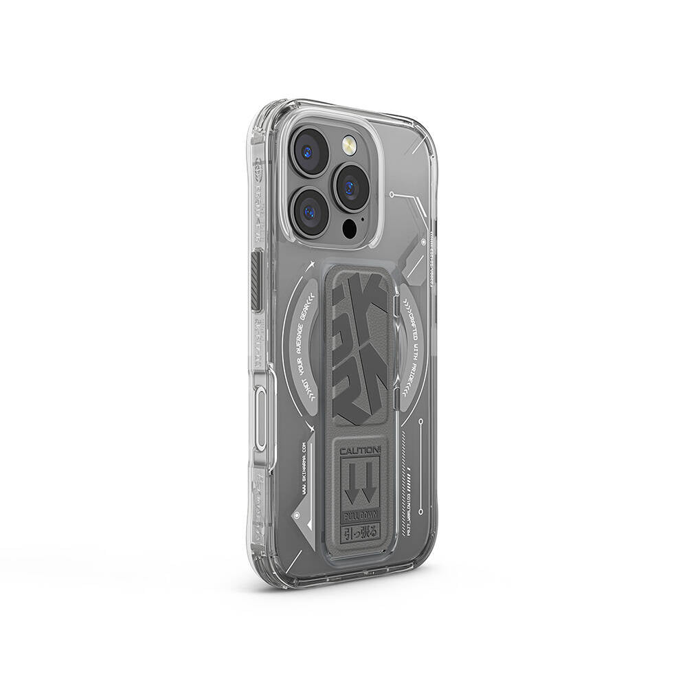 Apple iPhone 16 Pro Max Kılıf M-safe Şarj Özellikli Teknoloji Desenli Standlı Skinarma Helio Kapak Gri