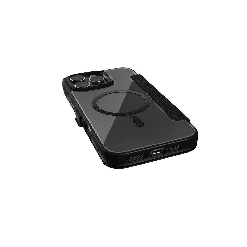 Apple iPhone 16 Pro Max Kılıf M-safe Şarj Özellikli Vegan Deri Tasarımlı Şeffaf Arka Yüzey Kartlıklı Raptic Urban Folio Serisi Kapak Siyah