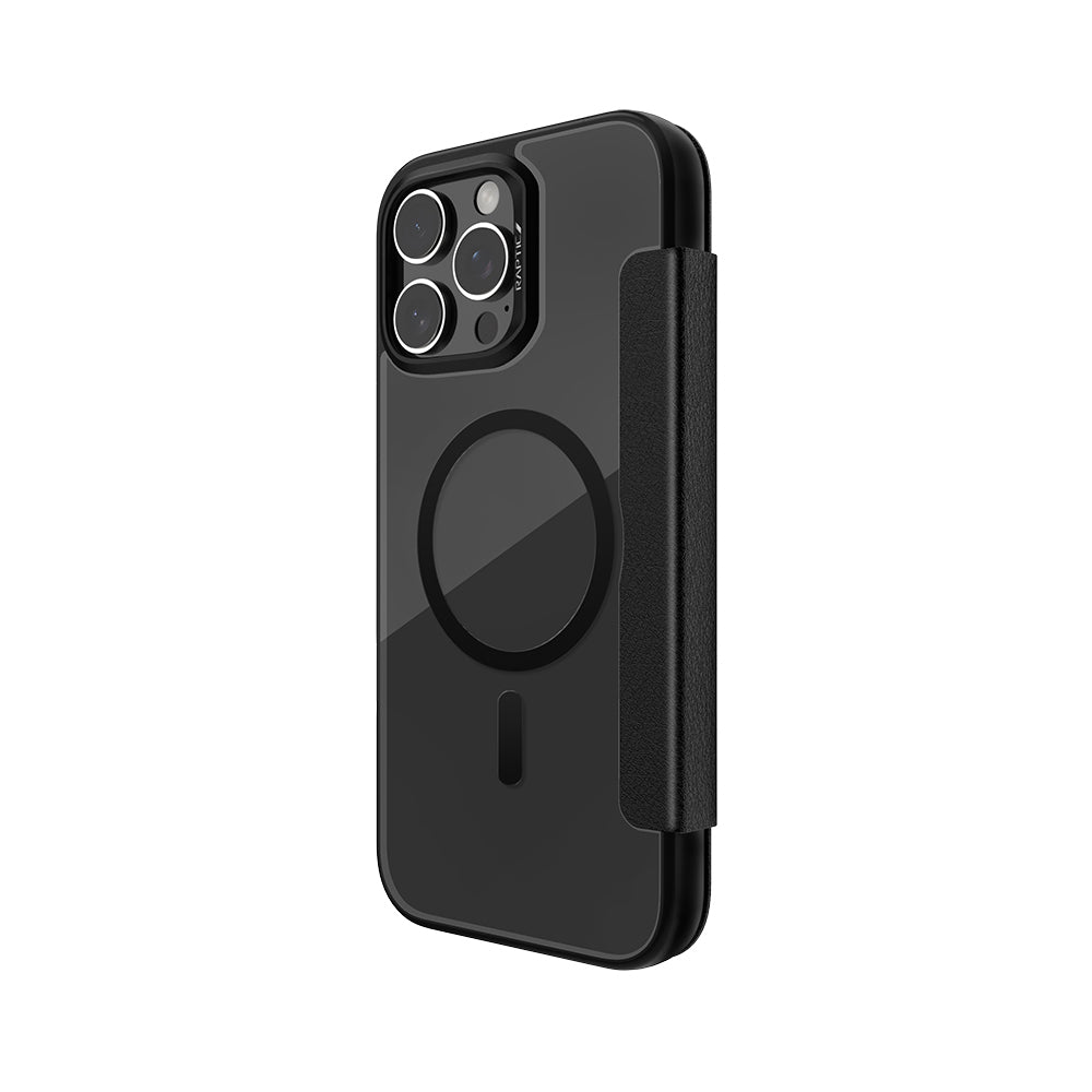 Apple iPhone 16 Pro Max Kılıf M-safe Şarj Özellikli Vegan Deri Tasarımlı Şeffaf Arka Yüzey Kartlıklı Raptic Urban Folio Serisi Kapak Siyah