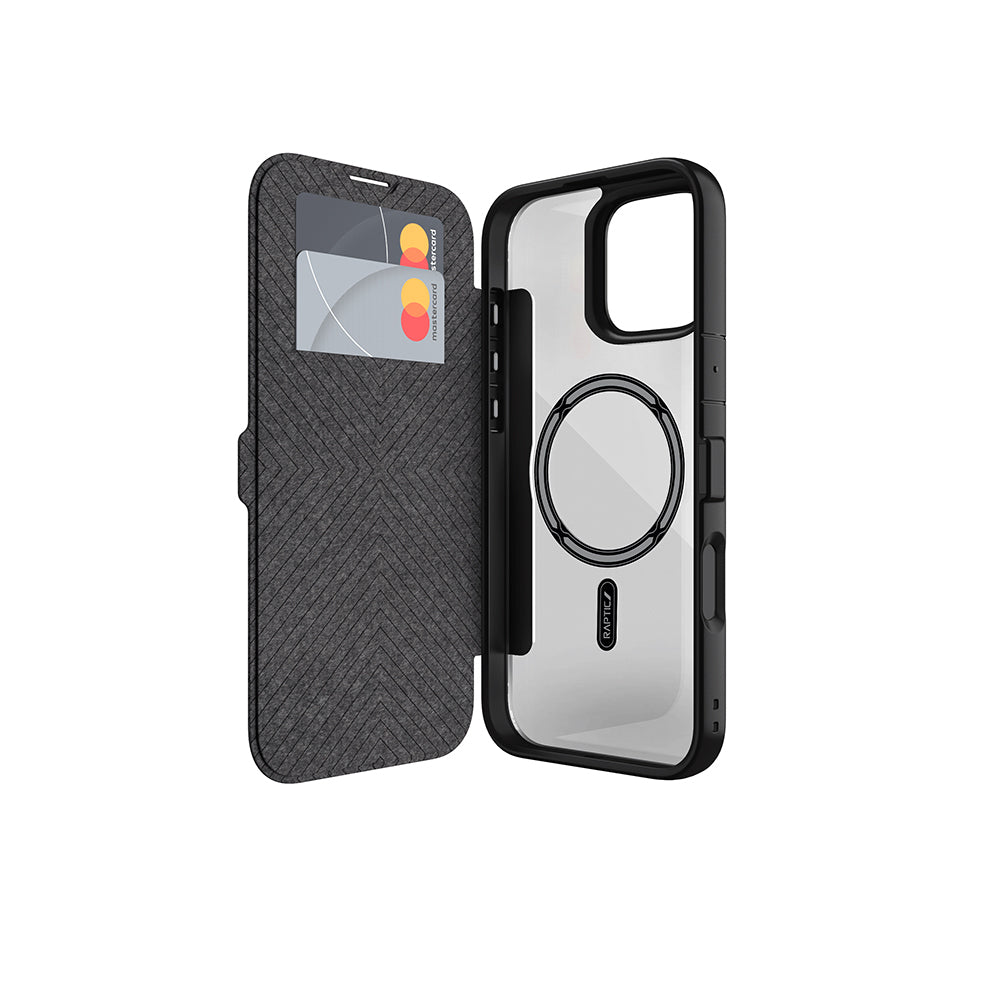 Apple iPhone 16 Pro Max Kılıf M-safe Şarj Özellikli Vegan Deri Tasarımlı Şeffaf Arka Yüzey Kartlıklı Raptic Urban Folio Serisi Kapak Siyah