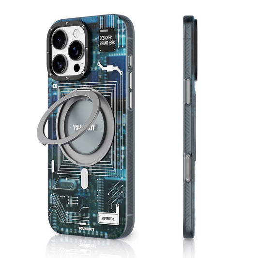 Apple iPhone 16 Pro Max Kılıf M-safe Şarj Özellikli Youngkit 360° Standlı Technology Serisi Kapak Mavi