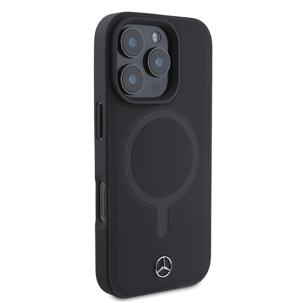 Apple iPhone 16 Pro Max Kılıf Mercedes Benz M-safe Şarj Özellikli Yumuşak Deri Orjinal Lisanslı Kapak Siyah
