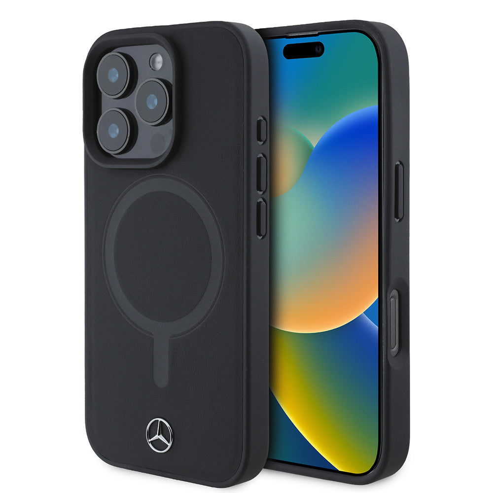 Apple iPhone 16 Pro Max Kılıf Mercedes Benz M-safe Şarj Özellikli Yumuşak Deri Orjinal Lisanslı Kapak Siyah