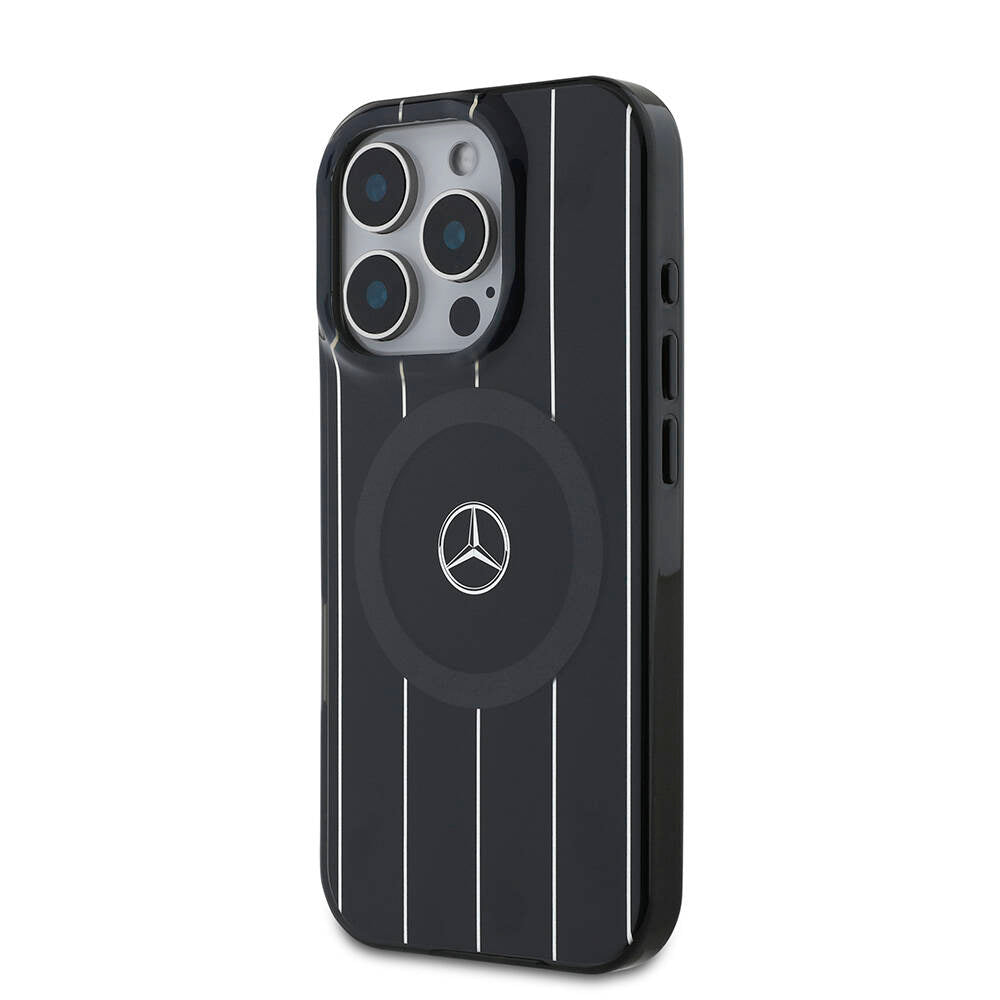 Apple iPhone 16 Pro Max Kılıf Mercedes Benz Orjinal Lisanslı M-safe Şarj Özellikli Çift Katmanlı Paralel Çizgi Desenli Kapak Siyah