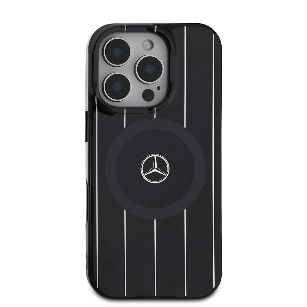Apple iPhone 16 Pro Max Kılıf Mercedes Benz Orjinal Lisanslı M-safe Şarj Özellikli Çift Katmanlı Paralel Çizgi Desenli Kapak Siyah
