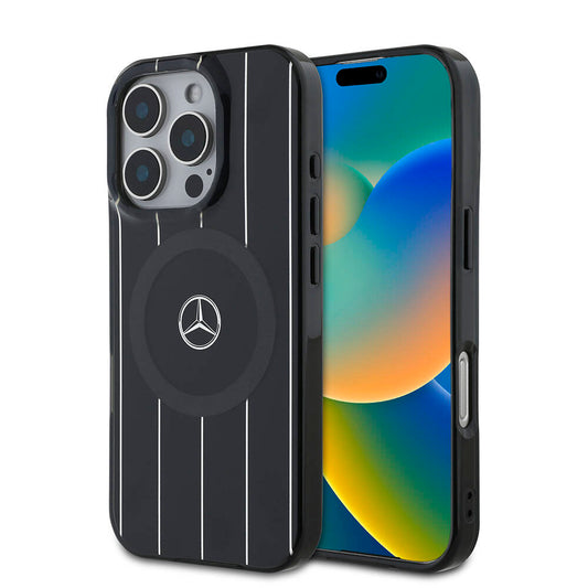 Apple iPhone 16 Pro Max Kılıf Mercedes Benz Orjinal Lisanslı M-safe Şarj Özellikli Çift Katmanlı Paralel Çizgi Desenli Kapak