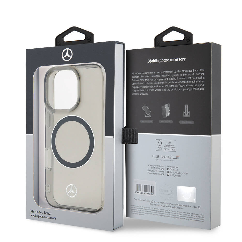 Apple iPhone 16 Pro Max Kılıf Mercedes Benz Orjinal Lisanslı M-safe Şarj Özellikli Saydam Yüzey Silver Ring Kapak Siyah