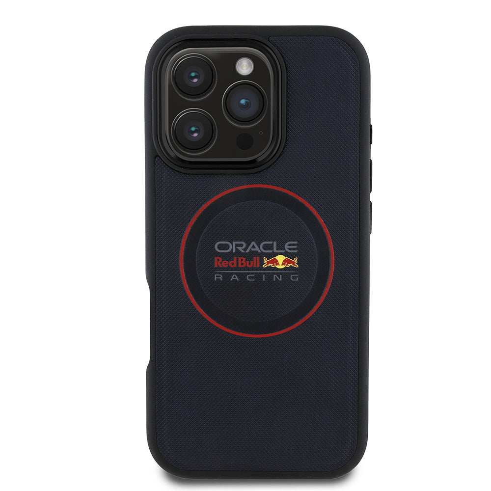Apple iPhone 16 Pro Max Kılıf Redbull Orjinal Lisanslı M-safe Şarj Özellikli Kırmızı Halka ve Logo Kabartmalı PU Deri Kapak Lacivert