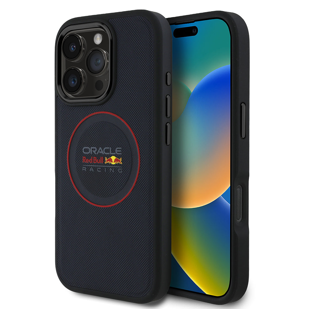 Apple iPhone 16 Pro Max Kılıf Redbull Orjinal Lisanslı M-safe Şarj Özellikli Kırmızı Halka ve Logo Kabartmalı PU Deri Kapak Lacivert