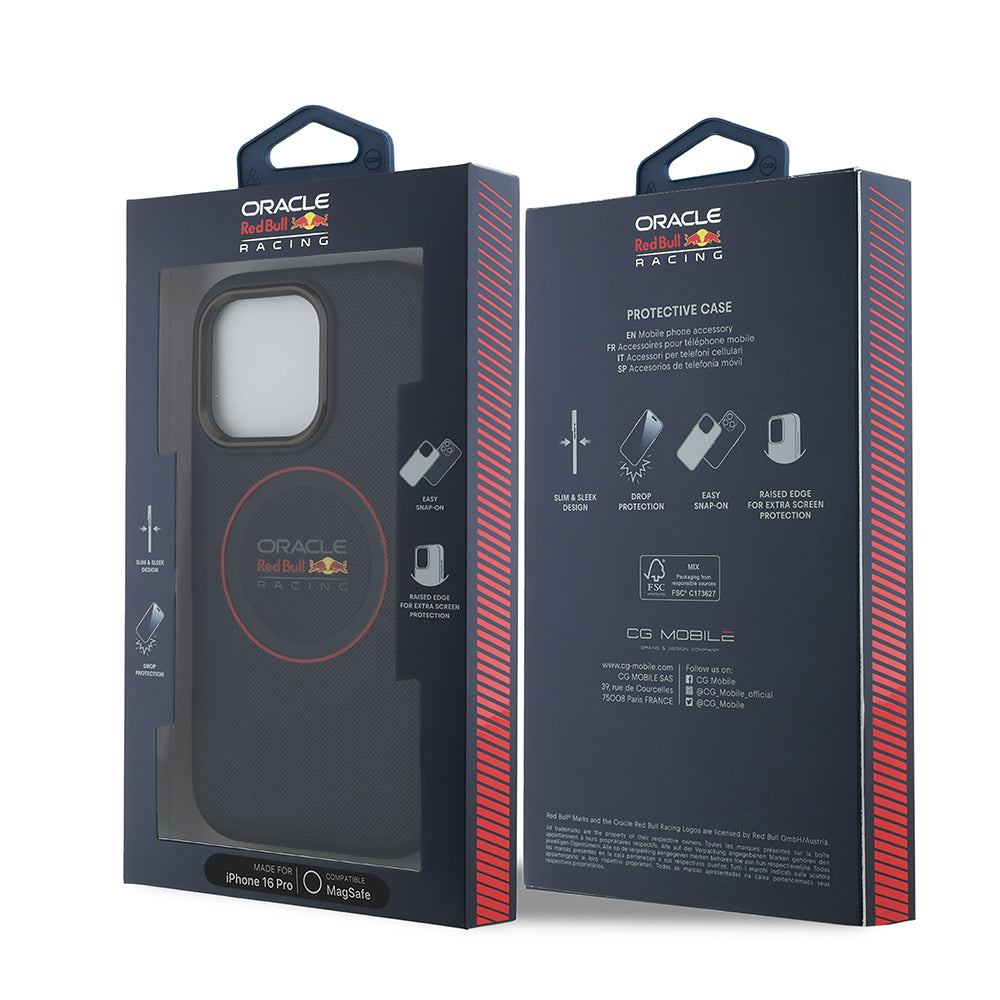 Apple iPhone 16 Pro Max Kılıf Redbull Orjinal Lisanslı M-safe Şarj Özellikli Kırmızı Halka ve Logo Kabartmalı PU Deri Kapak Lacivert