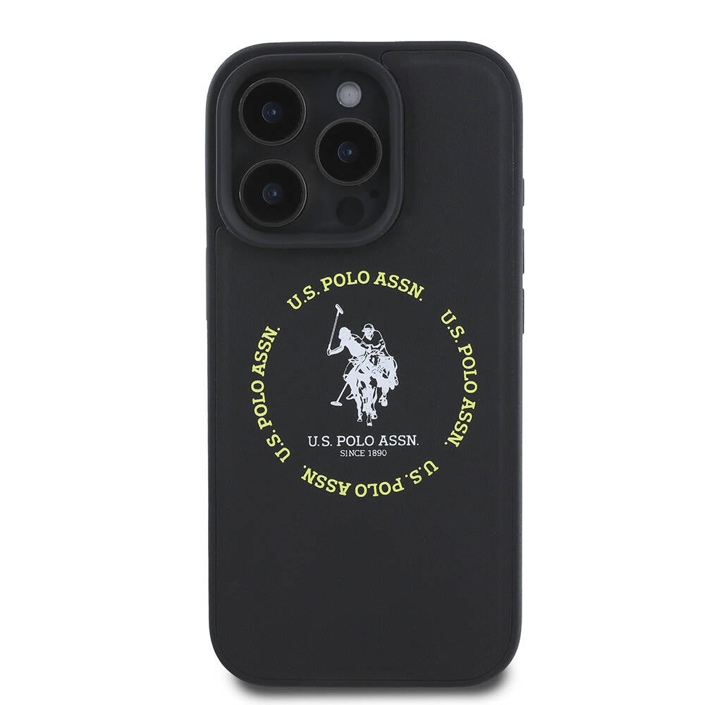 Apple iPhone 16 Pro Max Kılıf U.S. Polo Assn. Orjinal Lisanslı M-safe Şarj Özellikli Circle ve Double Horse Logolu Deri Kapak Siyah