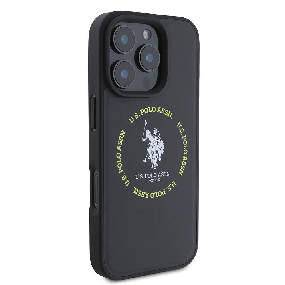 Apple iPhone 16 Pro Max Kılıf U.S. Polo Assn. Orjinal Lisanslı M-safe Şarj Özellikli Circle ve Double Horse Logolu Deri Kapak Siyah