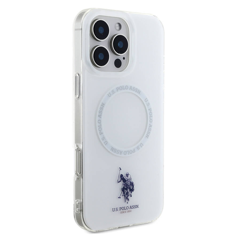 Apple iPhone 16 Pro Max Kılıf U.S. Polo Assn. Orjinal Lisanslı M-safe Şarj Özellikli IML Double Horse Logolu Ring Kapak Beyaz