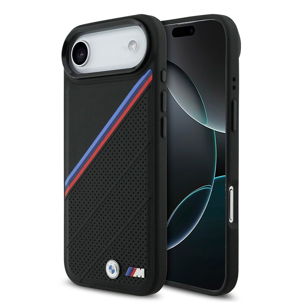 Apple iPhone 17 Air Kılıf BMW Orjinal Lisanslı M-safe Şarj Özellikli M Logolu Üç Şeritli Delikli Deri Kapak