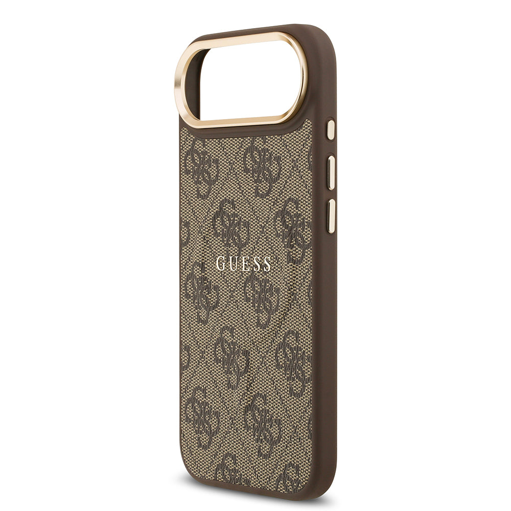 Apple iPhone 17 Air Kılıf Guess Orjinal Lisanslı M-safe Şarj Özellikli Gold Metal Kamera Çerçeveli PU Deri 4G Desenli Yazı Logolu Kapak Pembe