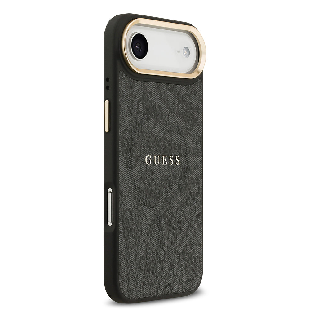 Apple iPhone 17 Air Kılıf Guess Orjinal Lisanslı M-safe Şarj Özellikli Gold Metal Kamera Çerçeveli PU Deri 4G Desenli Yazı Logolu Kapak Kahverengi