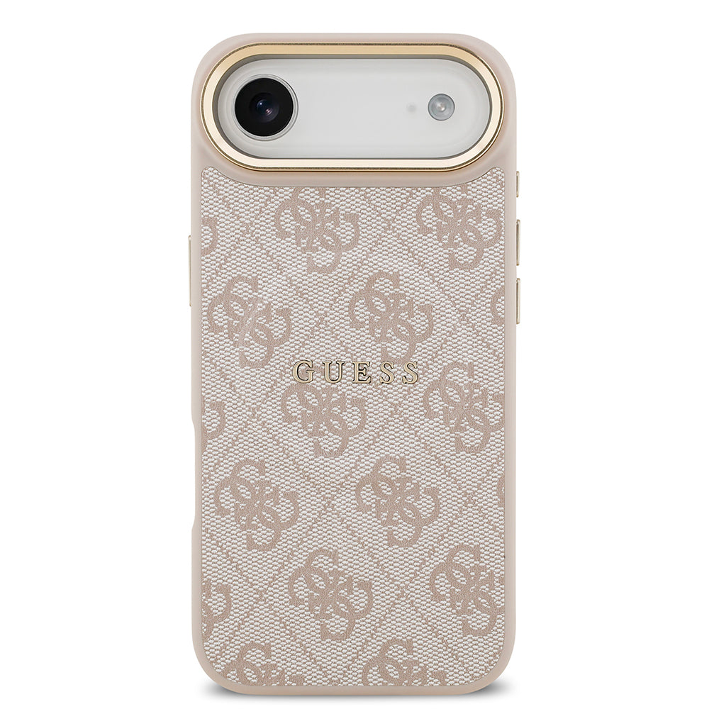 Apple iPhone 17 Air Kılıf Guess Orjinal Lisanslı M-safe Şarj Özellikli Gold Metal Kamera Çerçeveli PU Deri 4G Desenli Yazı Logolu Kapak Kahverengi