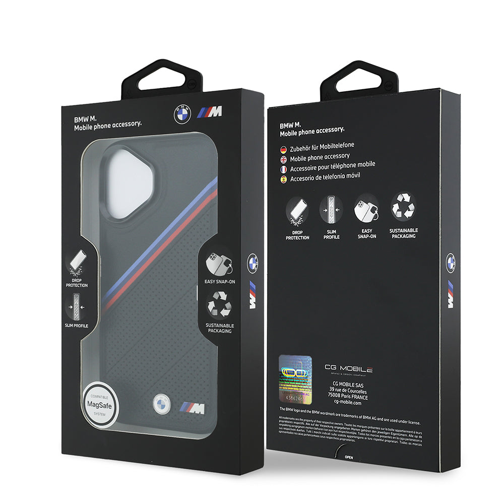 Apple iPhone 17 Kılıf BMW Orjinal Lisanslı M-safe Şarj Özellikli M Logolu Üç Şeritli Delikli Deri Kapak Siyah