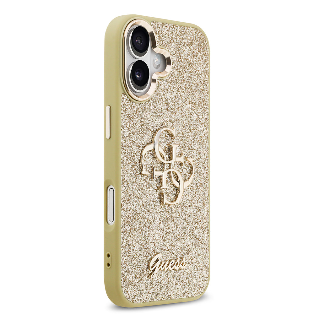 Apple iPhone 17 Kılıf Guess Orjinal Lisanslı 4G Büyük Metal Kamera Çerçeveli ve Logolu Glitter Kapak Pembe