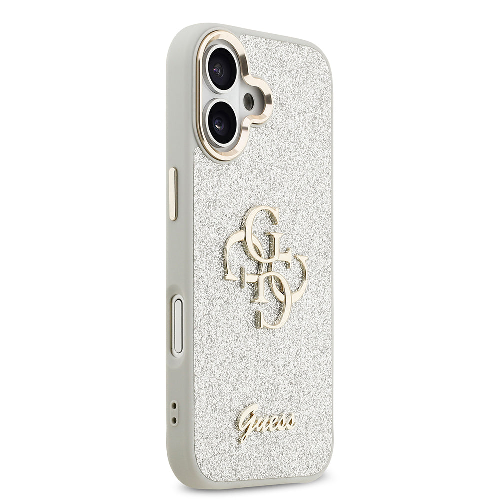 Apple iPhone 17 Kılıf Guess Orjinal Lisanslı 4G Büyük Metal Kamera Çerçeveli ve Logolu Glitter Kapak Gri