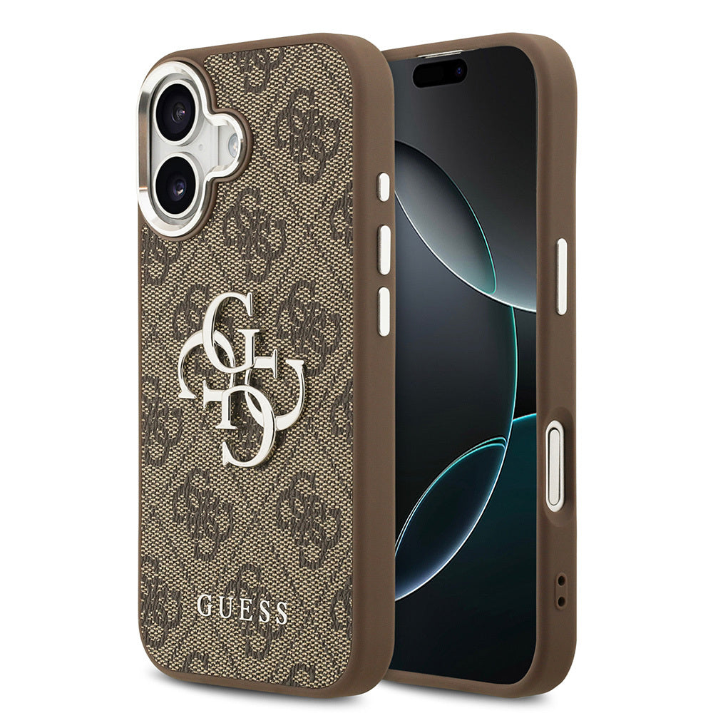 Apple iPhone 17 Kılıf Guess Orjinal Lisanslı Gümüş Metal Kamera Çerçeveli 4G Desenli Metal Büyük 4G ve Yazı Logolu Kapak