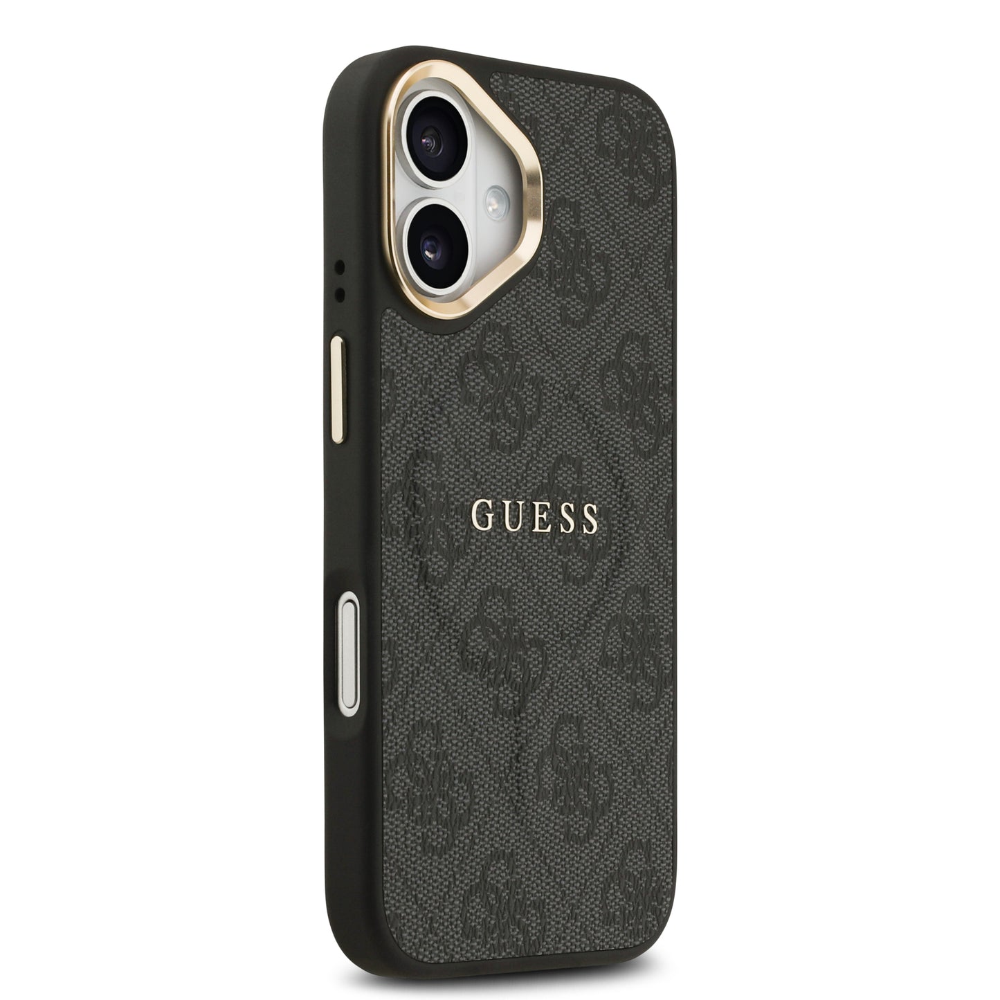 Apple iPhone 17 Kılıf Guess Orjinal Lisanslı M-safe Şarj Özellikli Gold Metal Kamera Çerçeveli PU Deri 4G Desenli Yazı Logolu Kapak Kahverengi