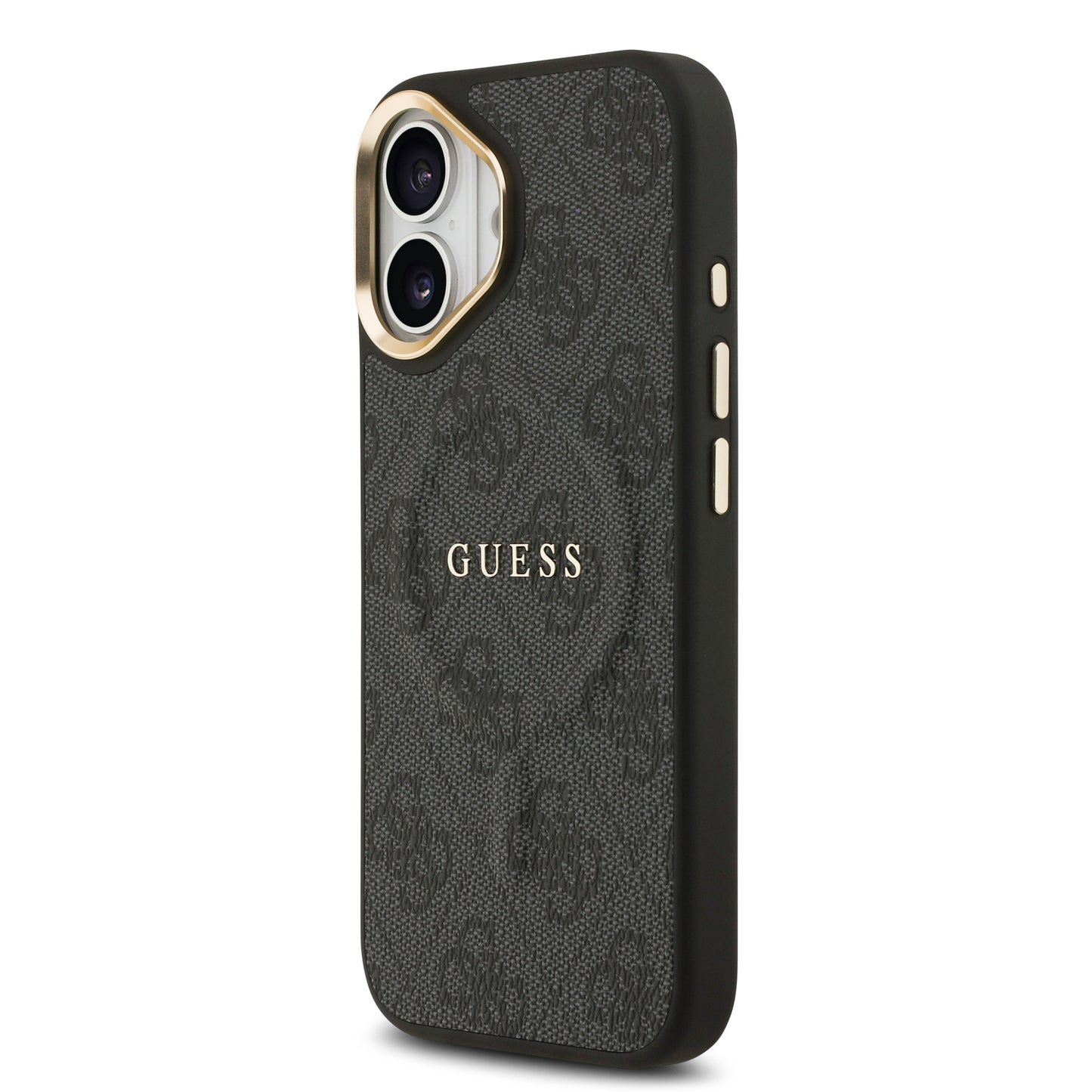 Apple iPhone 17 Kılıf Guess Orjinal Lisanslı M-safe Şarj Özellikli Gold Metal Kamera Çerçeveli PU Deri 4G Desenli Yazı Logolu Kapak Kahverengi