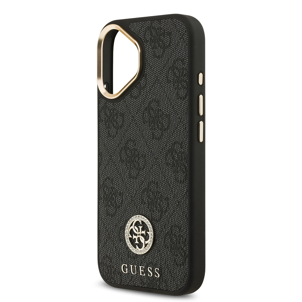 Apple iPhone 17 Kılıf Guess Orjinal Lisanslı M-safe Şarj Özellikli Gold Metal Kamera Çerçeveli Taşlı 4G Logolu Kapak Kahverengi
