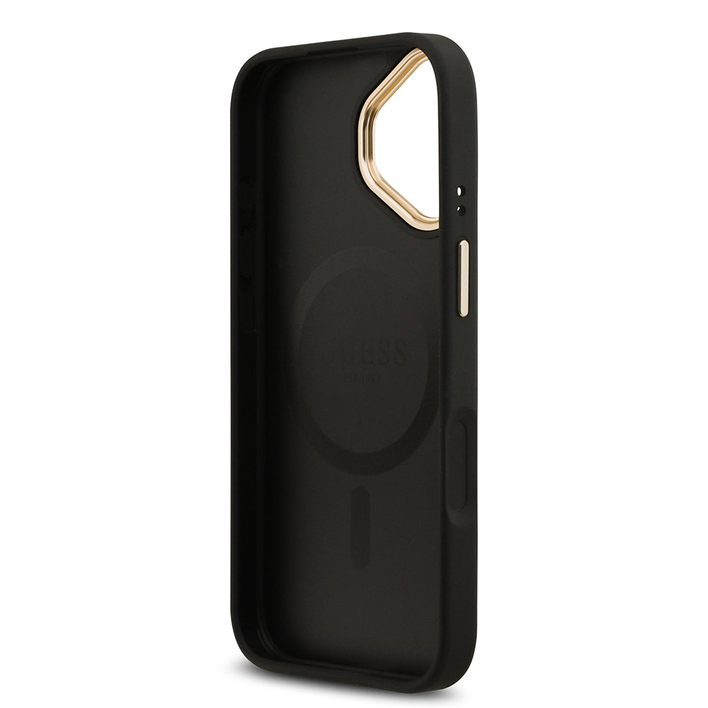 Apple iPhone 17 Kılıf Guess Orjinal Lisanslı M-safe Şarj Özellikli Gold Metal Kamera Çerçeveli Taşlı 4G Logolu Kapak Kahverengi
