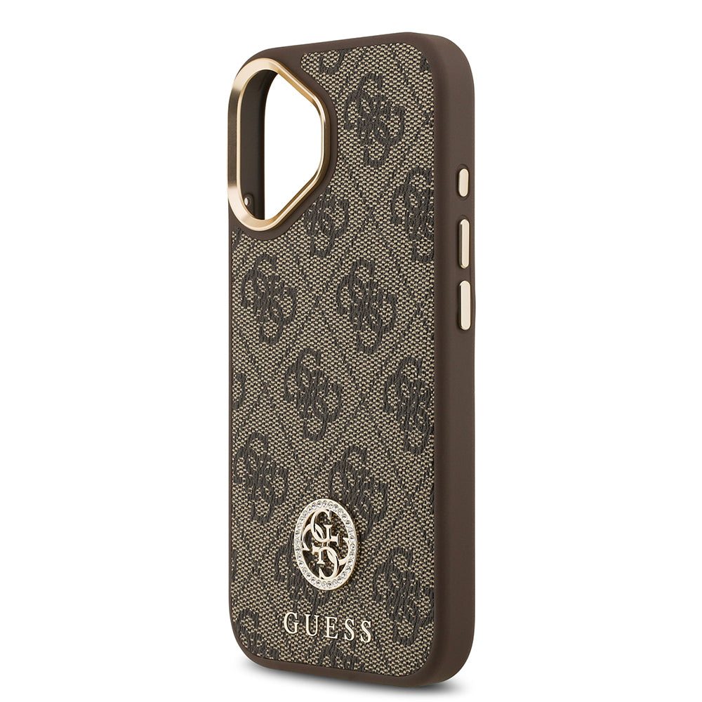 Apple iPhone 17 Kılıf Guess Orjinal Lisanslı M-safe Şarj Özellikli Gold Metal Kamera Çerçeveli Taşlı 4G Logolu Kapak Siyah