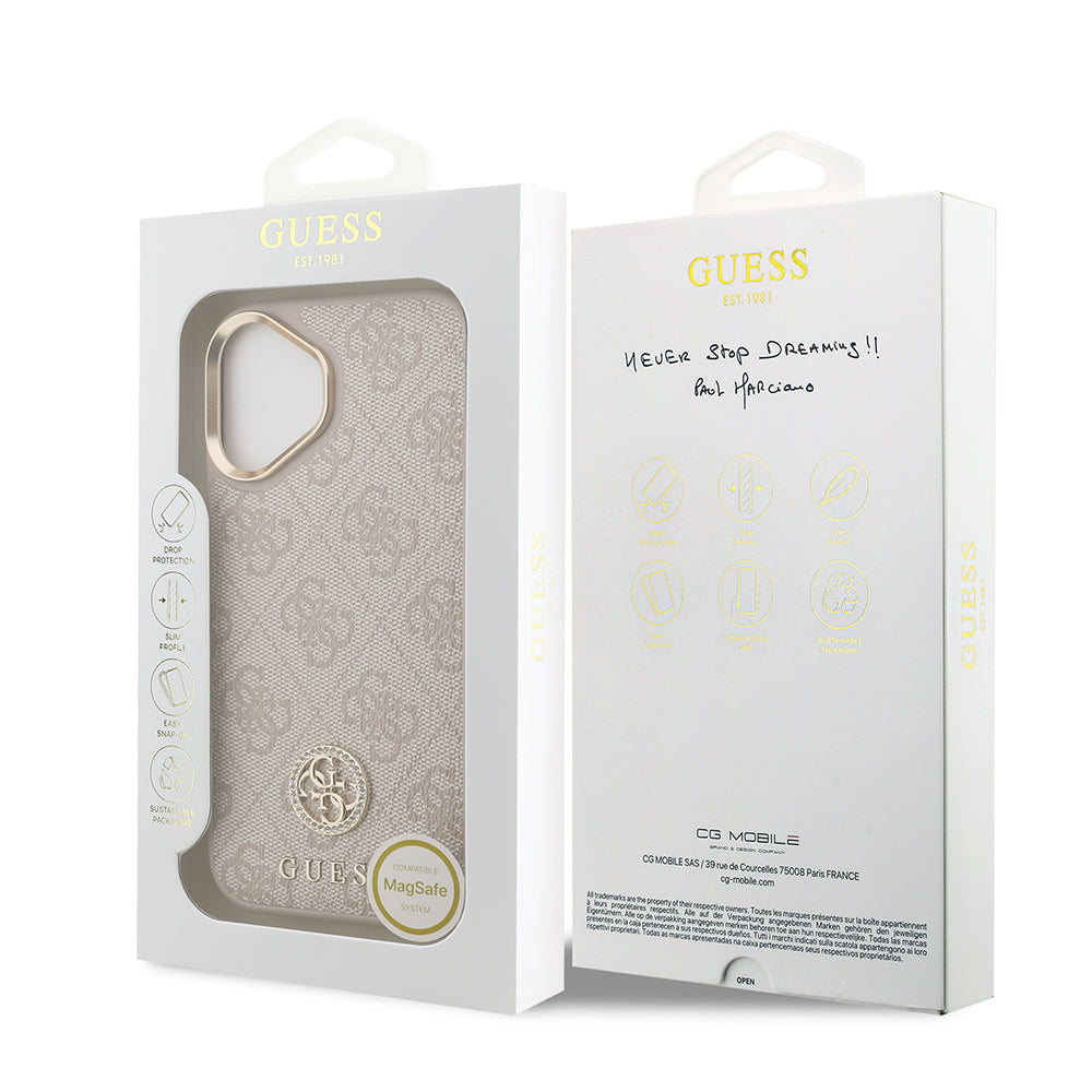 Apple iPhone 17 Kılıf Guess Orjinal Lisanslı M-safe Şarj Özellikli Gold Metal Kamera Çerçeveli Taşlı 4G Logolu Kapak Pembe